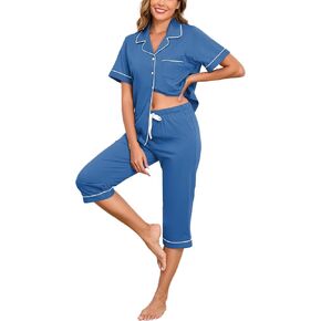Anliqi Womens Capri Pajamas يضبط زر القطن 100 ٪ أعلى الأكمام قصيرة وسروال كابري PJS Summer Sleep -Abour مع جيوب in Kuwait