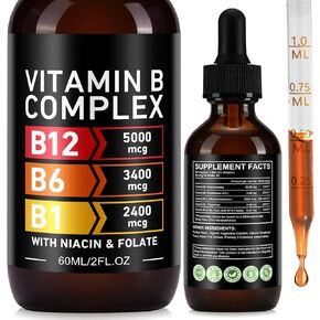 قطرات مركب فيتامين ب العضوية للرجال والنساء | فيتامين ب12 ميثيل كوبالامين، ب6، ب1، ب9 لدعم الصحة الأيضية | دعم المناعة، غير معدّل وراثيًا، خالي من الغلوتين - كمية تكفي لمدة شهرين 60 مل in Kuwait