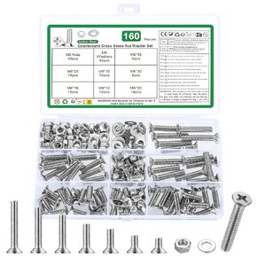 160 Pcs M6 Screws Set, Countersunk Bolts and Nuts Set, Flat Head Machine Screws Nuts and Bolts Set with Washers, Cross Head Screw Assortment Kit(M6, Silver) in Kuwait