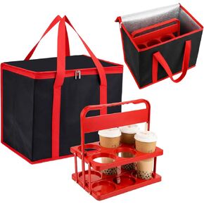 حامل مشروبات قابل لإعادة الاستخدام سعة 6 أكواب مع مقبض وحقيبة معزولة، حاملة طعام مجمدة حرارية للسفر وحامل أكواب بلاستيكي قابل للطي وحقيبة طعام معزولة ذات سعة كبيرة لتوصيل السيارة والسفر in Kuwait