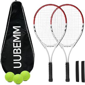 مجموعة مضارب التنس، 2 لاعب مضارب مسبقة التثبيت مقاس 27 بوصة، تتضمن 3 كرات تنس، شريطين للإمساك، 1 حقيبة حمل، مثالية للبالغين والمبتدئين وتدريب الطلاب in Kuwait