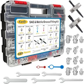 337PCS SAE & Metric Grease Fitting Replacement Kit 1/4" 1/8" M6 M10 Straight 45 90 Degree Zerks, with Plastic Grease Fitting Caps, Wrench Kit(7-11mm), 2 PCS Multi Tools (RED) in Kuwait