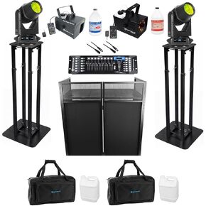 Audiosavings Bundle:(2) ADJ Hydro Beam X12 Light Bundle with ROCKFORCE Controller & Cable, (2) RTP32B Stand, ROCKBOOTH Facade, R1200L Fog Machine, (2) BAG1200 Bag, ROCKHAZE Hazer, Fluid(14 Item) in Kuwait