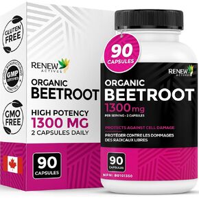 مكمل الشمندر العضوي من رينيو أكتيفز 1300 مجم لكل كبسولتين - مسحوق الشمندر النقي للدورة الدموية والطاقة الطبيعية وفوائد مضادات الأكسدة - طعام فائق الفعالية، صنع في كندا - 90 كبسولة in Kuwait