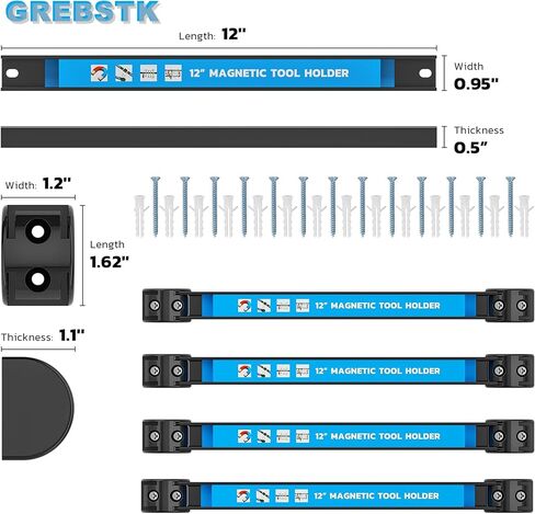 GREBSTK 12 IN Magnetic Tool Holder Strip Heavy Duty Magnetic Tool Bar Metal Tool Organizer Rack with Mounting Screws, 4PCS in Kuwait