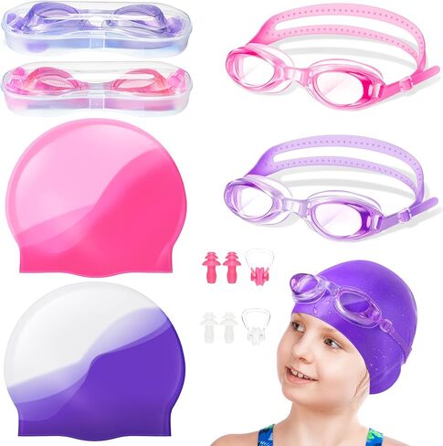 8 Pack Kids Swim Caps for Girls, Silicone Swimming Cap for Age 6-14 with Goggles Ear Plug Nose Clip for Children Boys Girls in Saudi Arabia