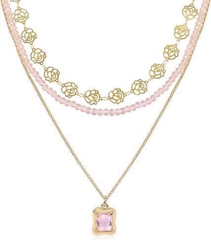 Bohemian Multilayered Pink Beaded Necklace for Women Layered Cute Glass Seed Beads Choker Necklace Strand Statement Necklace Adjustable Boho Party Summer Beach Jewelry Gift for Women in Saudi Arabia