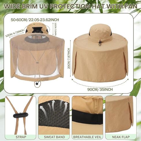 مجموعتان من قبعات المروحة الشمسية مع شبكة ناموسية واسعة الحواف مع مجموعتين من أكمام الذراع للرجال والنساء والتخييم والمشي لمسافات طويلة وصيد الأسماك والبستنة في الهواء الطلق USB وتعمل بالطاقة الشمسية باللون الأسود والبيج in Kuwait