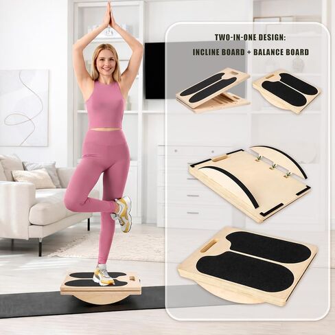 2-in-1 Slant & Balance Board, Wobble Board With Adjustable Incline Calf Stretcher & Ankle Mobility Trainer, Wooden Physical Therapy Equipment for Stability Training, Home Gym in Saudi Arabia