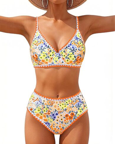 نساء عالي الخصر بيكيني مجموعات توسيد السيطرة على ملابس السباحة من قطعتين بدلة السباحة تغطية كاملة في سن المراهقة مثلث أعلى الأزهار in Kuwait