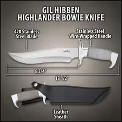 سكين جيل هيبن هايلاندر باوي | شفرة من الفولاذ المقاوم للصدأ 8 3/4 بوصة 420 | 13 1/2 بوصة بشكل عام | يتضمن غمد حزام جلدي فاخر in Kuwait