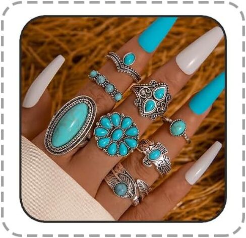Turquoise Ring for Women Bohemian Stackable Knuckle Rings Set Boho Turquoise Finger Ring Vintage Oval Flower Starfish Teardrop Midi Snake Ring Western Rings Jewelry in Kuwait