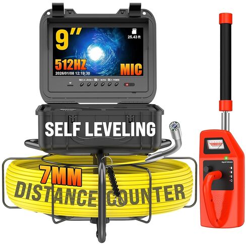 OKK Sewer Camera with 512Hz Locator, 9" Self-Leveling Drain Camera 165ft, Distance Counter, 7mm Push Cable, IP68 Waterproof, DVR with Mic, 32GB Card, 5100mAh Battery, Professional Plumbing Camera in Kuwait