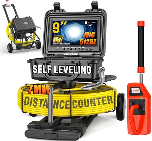 OKK Sewer Camera with 512Hz Locator, Professional 9" Self-Leveling Drain Camera 200ft, Distance Counter, 7mm Cable, Pull Handle, Wheels, IP68 Waterproof, DVR with Mic, 32GB Card, 5100mAh Battery in Kuwait
