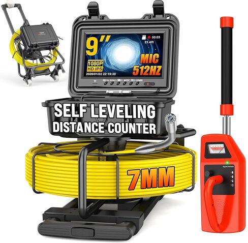 OKK Sewer Camera with 512Hz Locator, Professional 9" Self-Leveling Drain Camera 200ft, Distance Counter, 7mm Cable, Pull Handle, Wheels, IP68 Waterproof, DVR with Mic, 32GB Card, 5100mAh Battery in Saudi Arabia