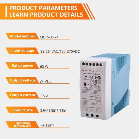 MDR-60-24 60 وات 24 فولت 2.5 أمبير مزود طاقة قابل للتحويل بمخرج واحد للأتمتة الصناعية والمواقع الخطرة وPLC وأجهزة الاستشعار وأجهزة التحكم الإلكترونية in Kuwait