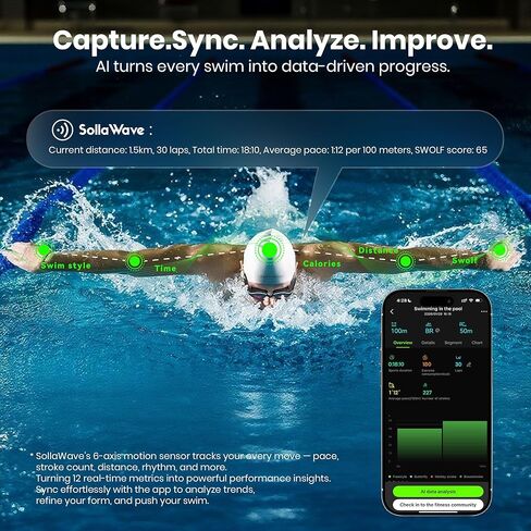 سماعات السباحة SollaWave AI Music Smart Goggles، تعليقات صوتية في الوقت الفعلي + مشغل MP3 سعة 4 جيجابايت، سماعات أذن للسباحة لتتبع الحركة ذات 9 محاور، سماعات مقاومة للماء IP68 للسباحة مع التطبيق وتحليل الذكاء الاصطناعي in Saudi Arabia