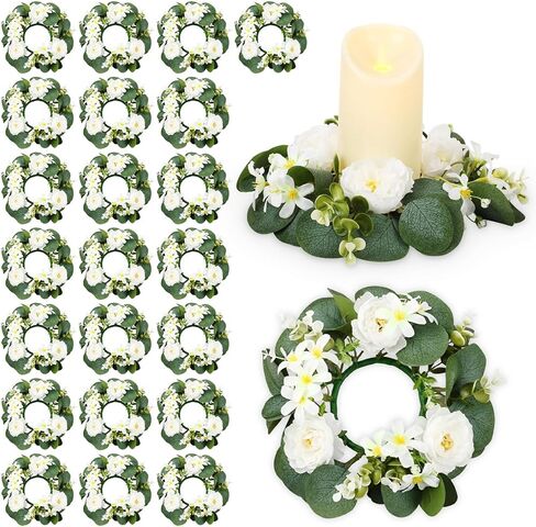 Zeyune 24 Pcs Candle Rings Wreaths Artificial Greenery Eucalyptus Leaves Baby's Breath Floral Candle Pillar Holder Spring Greenery Garland Pillar Candleholder for Wedding Party Kitchen Cabinet Decor in Kuwait