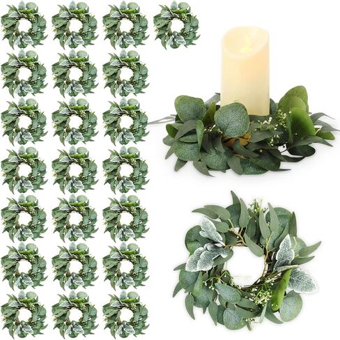 Zeyune 24 Pcs Candle Rings Wreaths Artificial Greenery Eucalyptus Leaves Baby's Breath Floral Candle Pillar Holder Spring Greenery Garland Pillar Candleholder for Wedding Party Kitchen Cabinet Decor in Kuwait