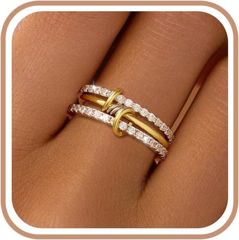 925 Sterling Silver Interlocked Spinelli Ring Stackable Rings for Women Non Tarnish Dainty 14K Gold Plated Chunky Rings Two Tone Cubic Zirconia Ring 3 Finger Ring Knuckle Pinky Ring Set Jewelry Gift in Kuwait