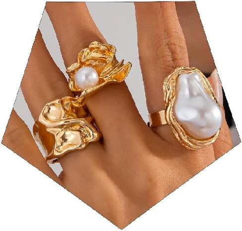 CJIAYUJEW Pearl Ring for Women Stacking Pearl Rings Set Gold Chunky Rings Adjustable Open Pearl Finger Ring Fake Pearl Ring Trendy Pearl Jewerly in Kuwait