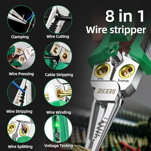 8-in-1 Wire Stripper Pliers: Compact Portable Multi-Function Electrician Tool - Wire Stripping/Wire Cutting/Wire Crimping for Circuit Repair, Outlet Installation & Professional Use in Kuwait