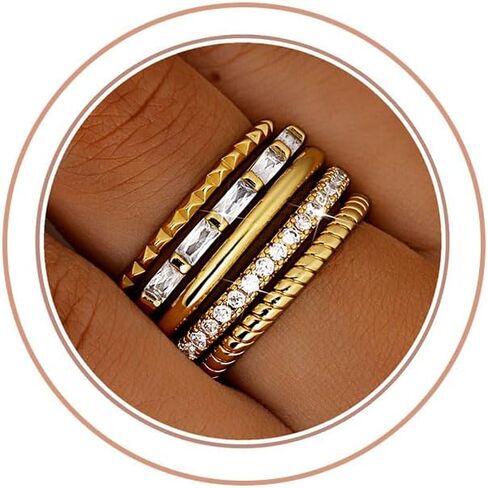 Florideco 14K Gold Filled Thin Stackable Rings for Women,Minimalist Non Tarnish Cubic Zirconia Band Rings,Dainty Trendy Statement Stacking Rings Set Size 6-10 in Saudi Arabia