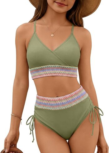 Girls Two Piece Swimsuits V Neck Bikini Set with Chest Pad Adjustable Strap Bathing Suit Teen Summer Swimwear 7-16y in Saudi Arabia
