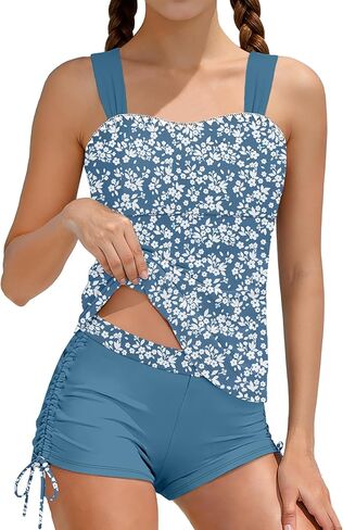 Girls Tankini Swimsuit 2 Piece Bathing Suits for Girls Square Neck Padded Swim Tank Top Drawstring Shorts for 9-16y in Saudi Arabia