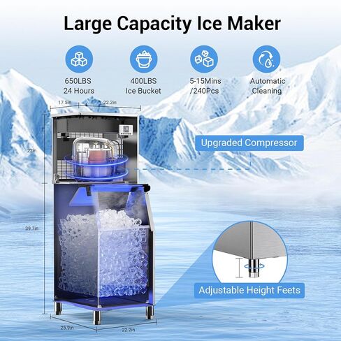 ماكينة صنع الثلج التجارية بسعة 650 رطل/24 ساعة، سعة كبيرة 400 رطل، ماكينة صنع الثلج الكهربائية من الفولاذ المقاوم للصدأ مع وظيفة التنظيف الذاتي، 12 سُمك ثلج قابل للتعديل in Kuwait