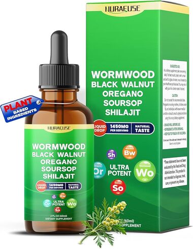Organic Wormwood, Black Walnut, Oregano, Soursop, Shilajit Liquid Drops – 1550mg per Serving, Ultra Potent, USA Made & Lab Tested – 2 FL OZ (60ml) in Kuwait