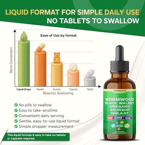 Organic Wormwood, Black Walnut, Oregano, Soursop, Shilajit Liquid Drops – 1550mg per Serving, Ultra Potent, USA Made & Lab Tested – 2 FL OZ (60ml) in Kuwait
