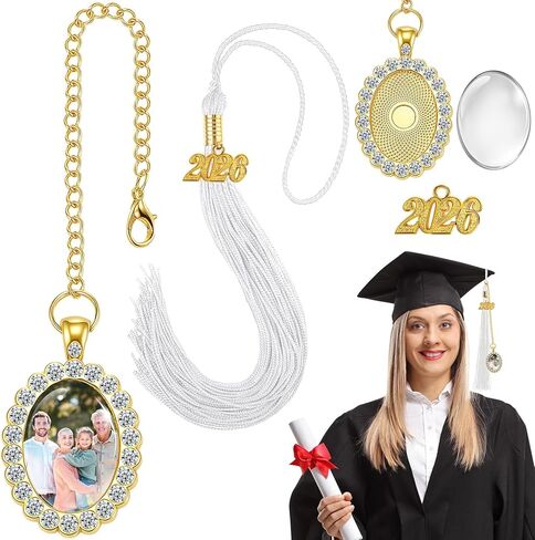 XunYee 2 Pcs Graduation Tassel Memorial Photo Charm 2025 Graduation Cap Sewing Tassels Picture Frame with Chain for Mortarboard Cap Topper Grad Gift(White) in Saudi Arabia