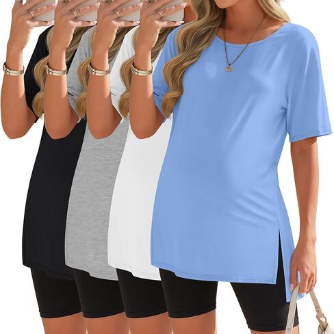 4 Pack Maternity Shirts Split Side Cotton Pregnancy Tops Loose Fit Crewneck Short Sleeve Casual Maternity Clothes in Saudi Arabia