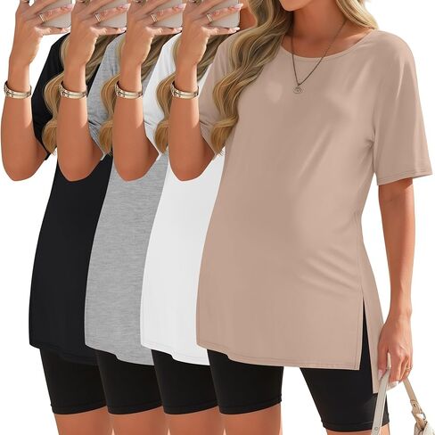 4 Pack Womens Maternity Shirts Short Sleeve Split Side Cotton Pregnancy Tops Loose Crewneck Soft Maternity Clothes in Saudi Arabia