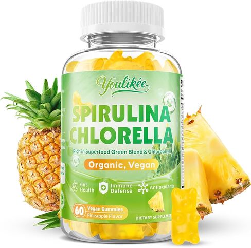 Organic Spirulina Chlorella Gummies, Super Greens Blend with Protein, Chlorophyll, Vitamin C, D3, B12, Zinc, Supports Daily Energy, Immune System & Antioxidant Intake, Pineapple Flavor, 60 Count in Saudi Arabia