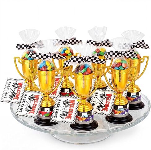 Yerliker 99 Pcs Racing Trophy Award Cup Set Gold Trophies Cups Racing Cards Stickers Black White Checkered Ribbon OPP Bags Binding Wire for Car Party Favors Birthday Party Decorations Sports Events in Saudi Arabia