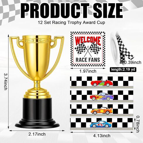 Yerliker 99 Pcs Racing Trophy Award Cup Set Gold Trophies Cups Racing Cards Stickers Black White Checkered Ribbon OPP Bags Binding Wire for Car Party Favors Birthday Party Decorations Sports Events in Saudi Arabia