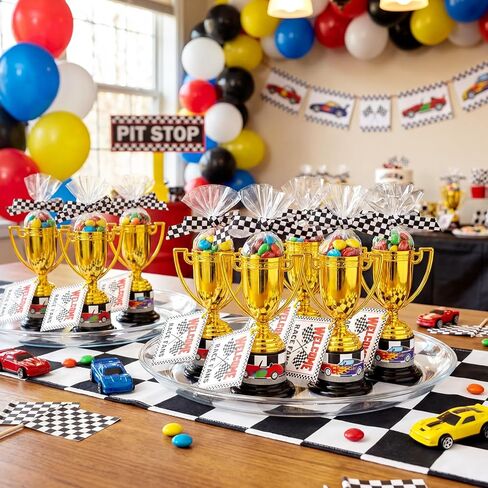 Yerliker 99 Pcs Racing Trophy Award Cup Set Gold Trophies Cups Racing Cards Stickers Black White Checkered Ribbon OPP Bags Binding Wire for Car Party Favors Birthday Party Decorations Sports Events in Saudi Arabia