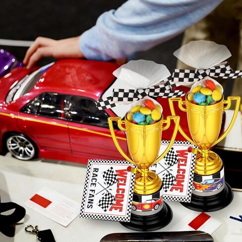 Yerliker 99 Pcs Racing Trophy Award Cup Set Gold Trophies Cups Racing Cards Stickers Black White Checkered Ribbon OPP Bags Binding Wire for Car Party Favors Birthday Party Decorations Sports Events in Saudi Arabia