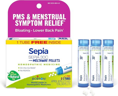 Boiron Sepia 30C Homeopathic Medicine for PMS and Menstrual Symptom Relief - Bloating and Lower Back Pain During Menstruation - 3 Count (240 Pellets) in Kuwait