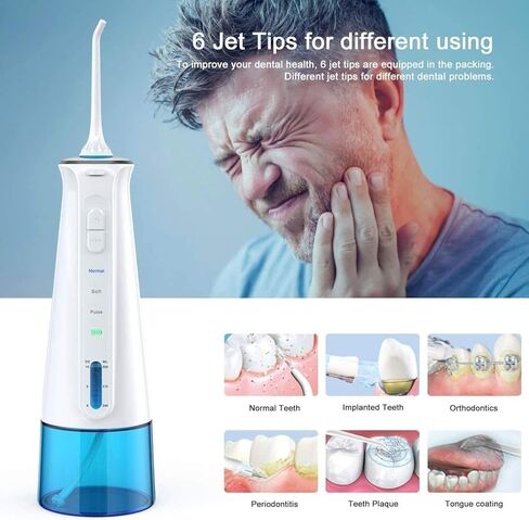 Portable Dental Oral Irrigator with 3 Modes, 6 Replaceable Jet Tips, Rechargeable Waterproof Teeth Cleaner for Home and Travel -300ml Detachable Reservoir in Kuwait