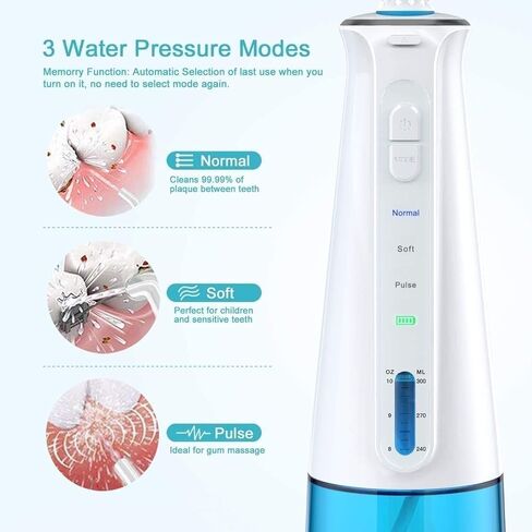 Portable Dental Oral Irrigator with 3 Modes, 6 Replaceable Jet Tips, Rechargeable Waterproof Teeth Cleaner for Home and Travel -300ml Detachable Reservoir in Kuwait