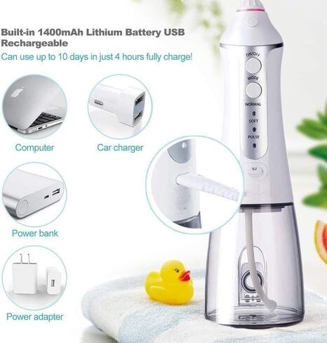 Cordless Water Flosser 300ML Portable Water Flosser Teeth Cleaner, Rechargable Dental Oral Irrigator with 3 Modes, USB Charged, White in Kuwait