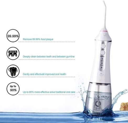 Cordless Water Flosser 300ML Portable Water Flosser Teeth Cleaner, Rechargable Dental Oral Irrigator with 3 Modes, USB Charged, White in Kuwait