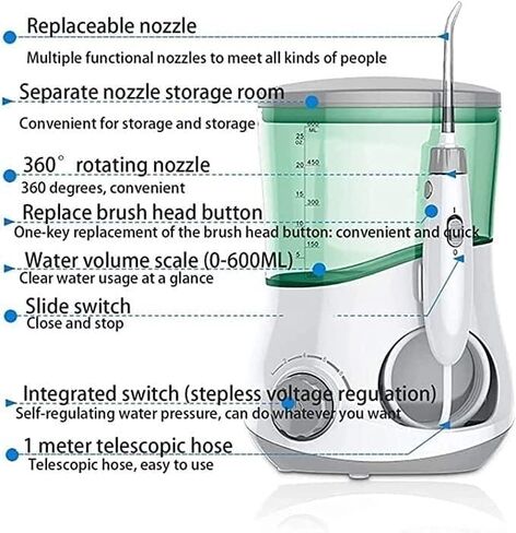 Electric Water Flosser, Cordless Dental Oral Irrigator with 6 Jet Tips & 360° Rotating Nozzle, Smart Timing Teeth Cleaning Tool for Home and Travel in Kuwait