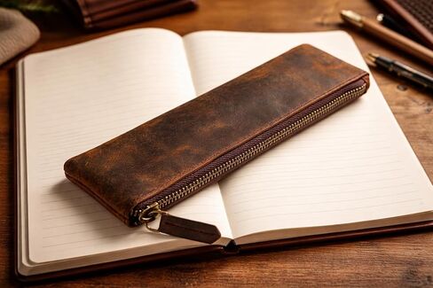 Leather Pen Pencil Case, Zip Pouch, Accessories holder, Stationery Bag, Classic Handmade Design (Vintage Brown) in Kuwait