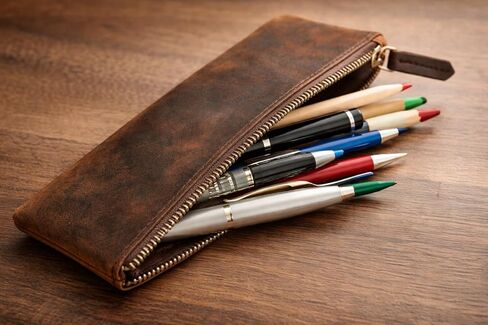 Leather Pen Pencil Case, Zip Pouch, Accessories holder, Stationery Bag, Classic Handmade Design (Vintage Brown) in Kuwait