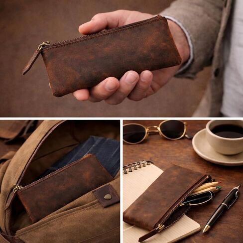 Leather Pen Pencil Case, Zip Pouch, Accessories holder, Stationery Bag, Classic Handmade Design (Vintage Brown) in Kuwait