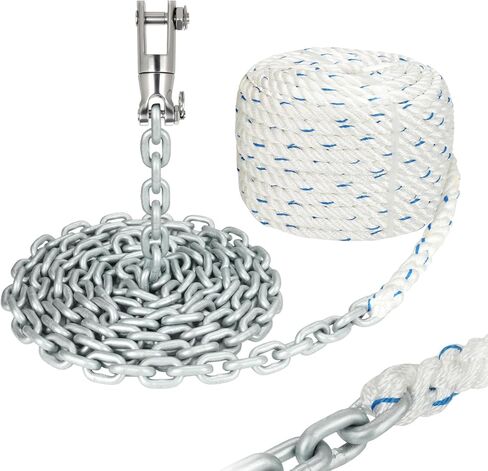 حبل/سلسلة مرساة للركبة، خط مرساة 1/2 بوصة، 100 قدم مع سلسلة G4 مجلفنة بالغمس الساخن 1/4 بوصة، 10 أقدام ومجموعة موصلات دوارة، حبل نايلون ثلاثي الخيوط in Kuwait